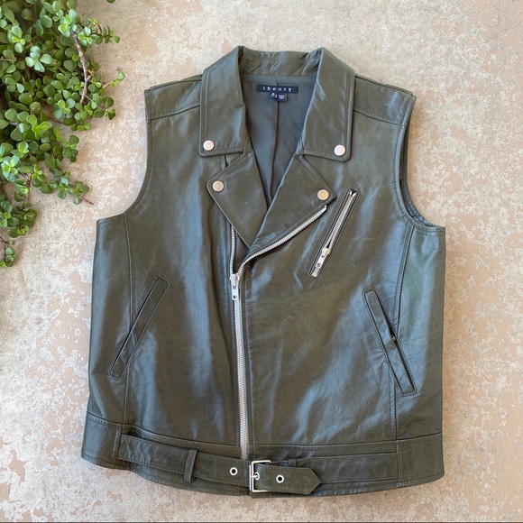 Theory Jackets & Blazers - Theory Samison Olive Leather Moto Biker Vest